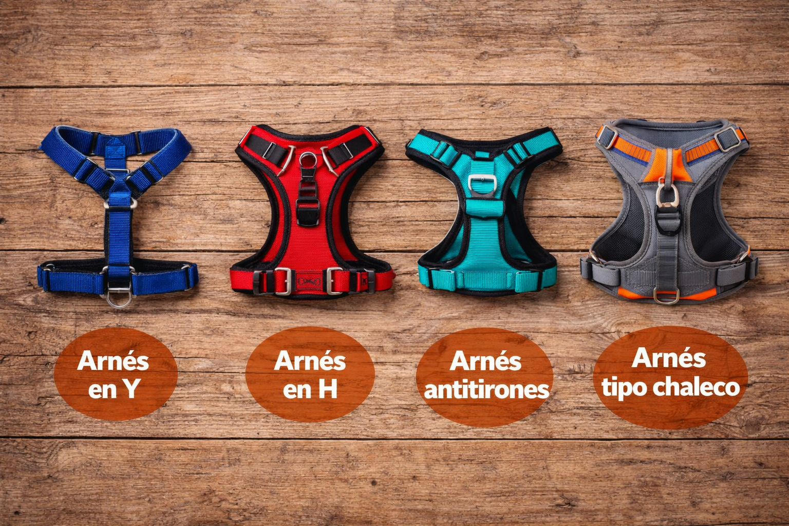 Diferentes tipos de arneses para perros colocados correctamente en perros de distintos tamaños en un entorno natural.