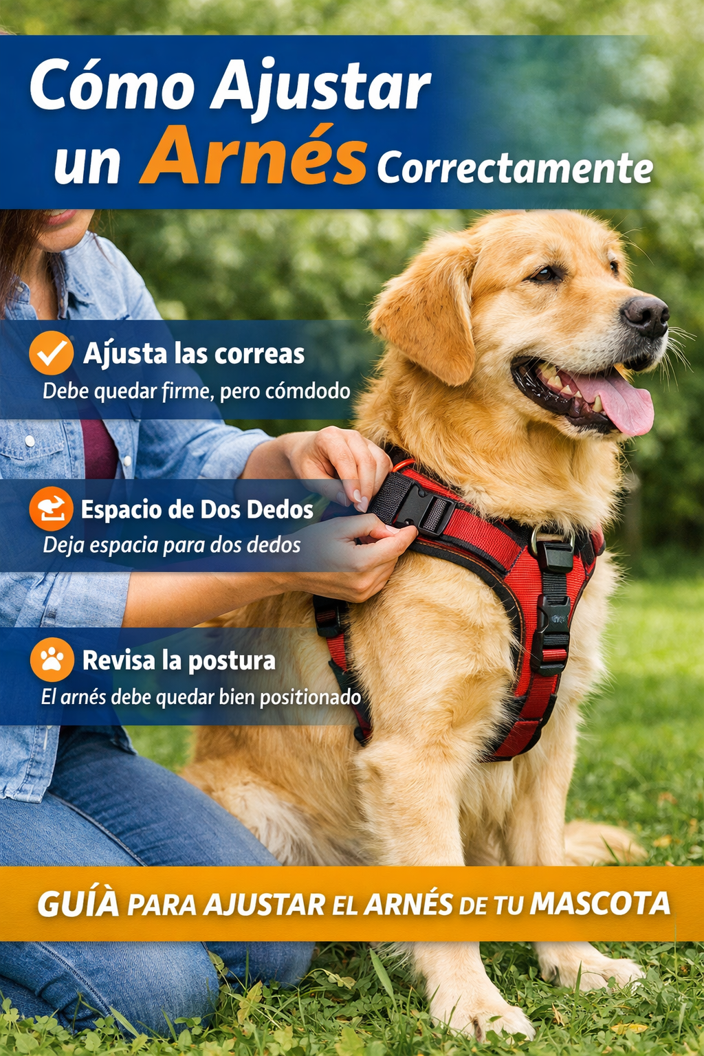 Persona ajustando correctamente un arnés rojo y negro en un perro grande en un parque, siguiendo las recomendaciones de ajuste seguro.