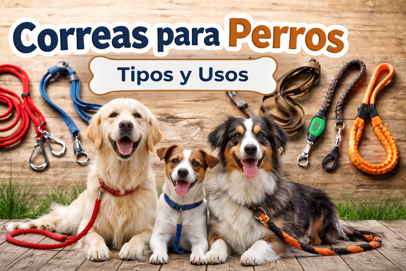 Comparativa visual de distintos tipos de correas para perros, incluyendo correa corta, larga, extensible, multiposición, antitirones y de cuerda, sobre fondo claro.