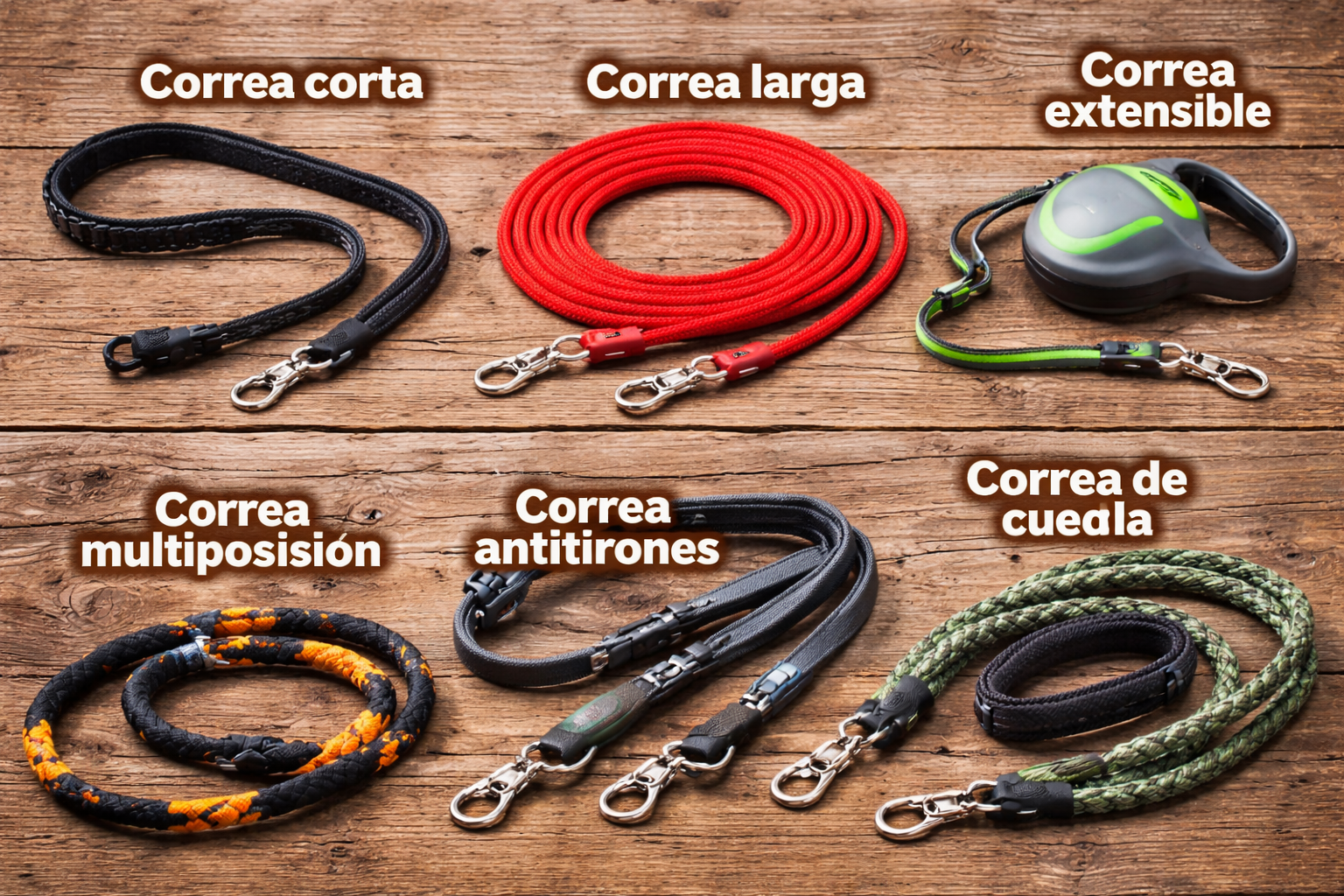 Comparativa de tipos de correas para perros: corta, larga, extensible, multiposición, antitirones y de cuerda sobre fondo de madera.